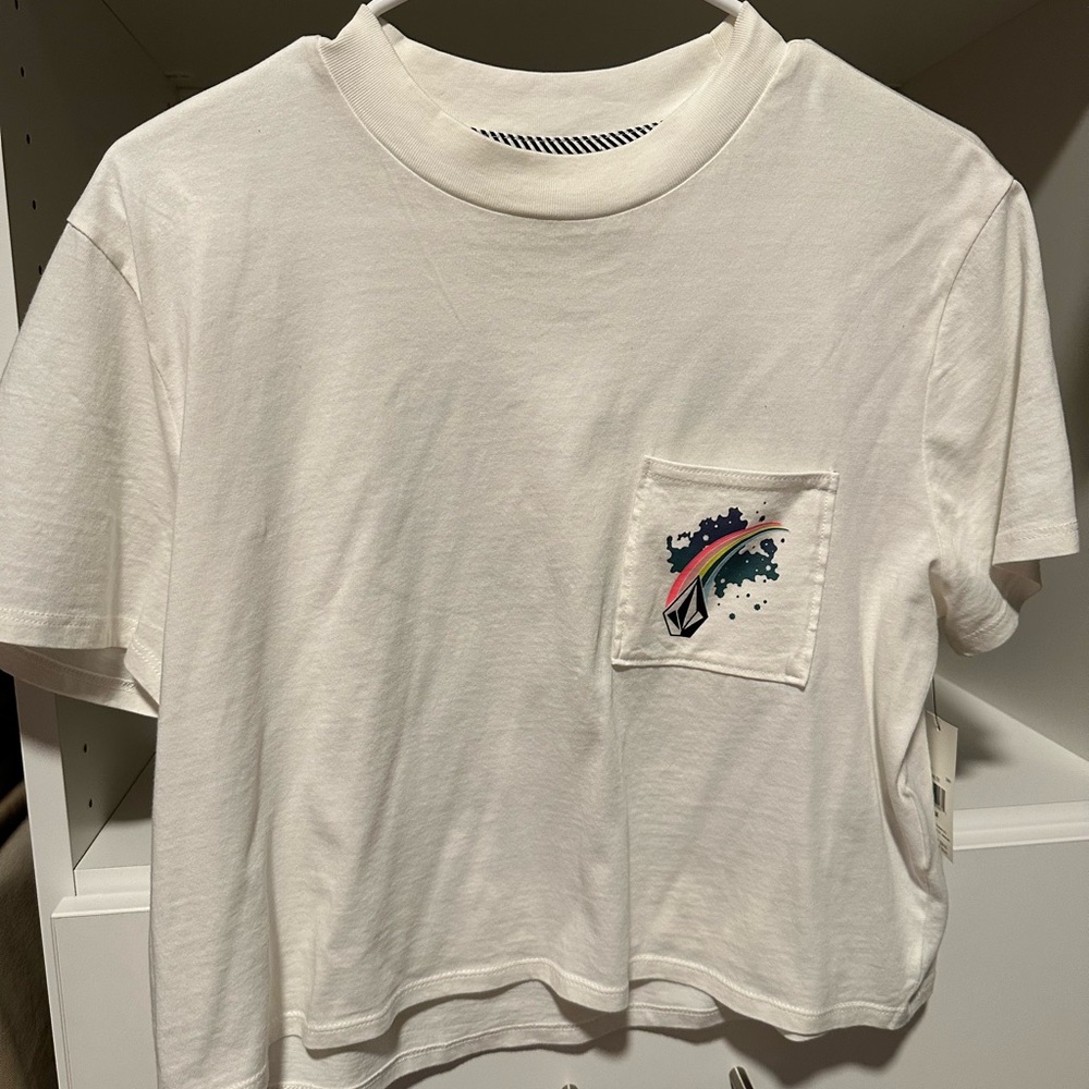 Volcom White Cropped Pocket Tee with Rainbow Accent